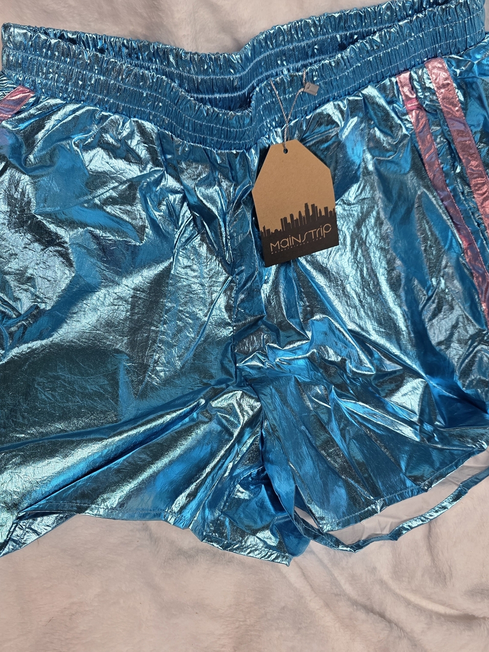 Main Strip Shiny Teal Blue Athletic Shorts with Pink Trim